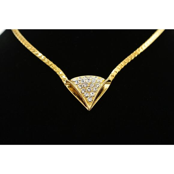 Vintage Crystal Collar Necklace Gold Herringbone Chain Rhinestone Shiny NOS 80s - Picture 1 of 12